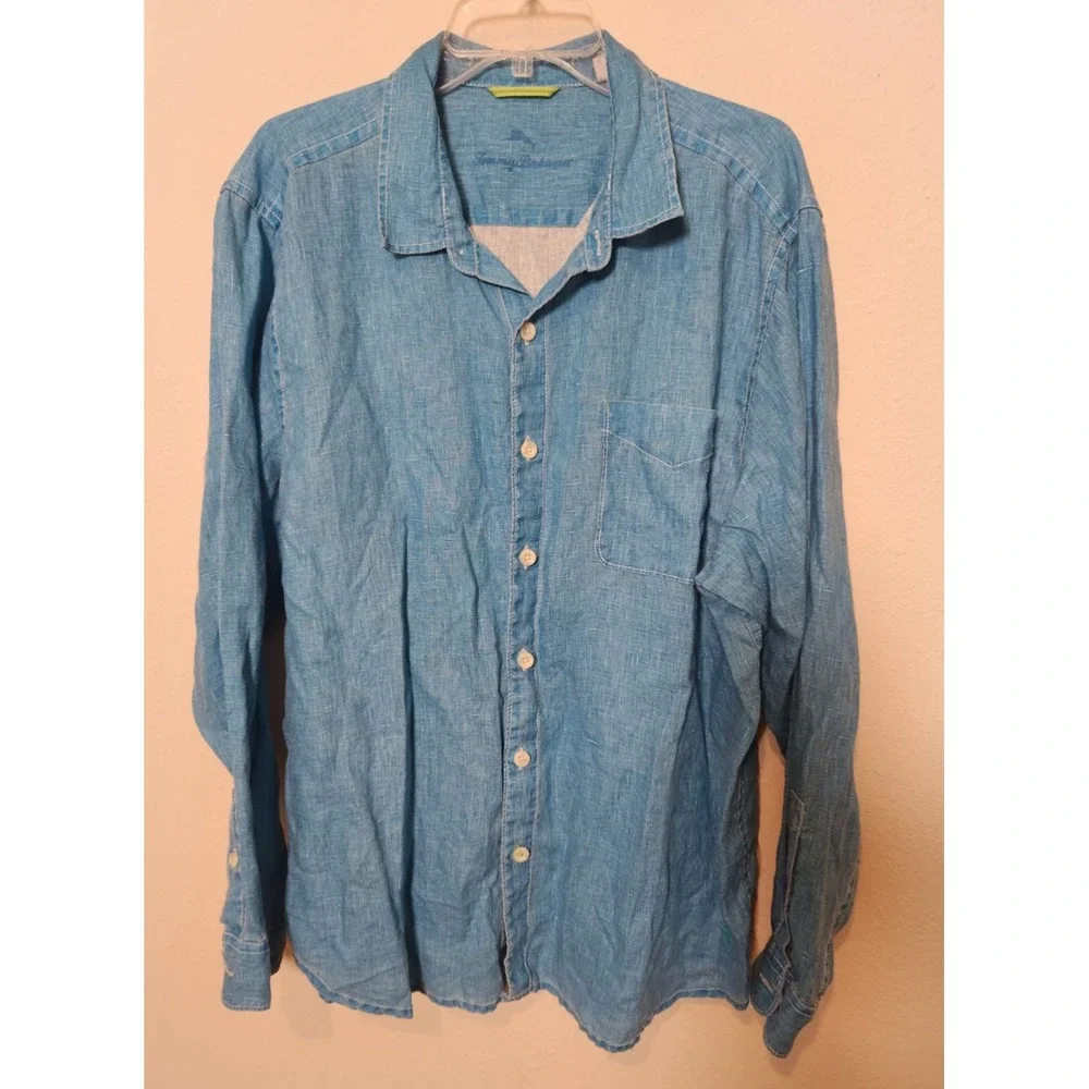 Tommy Bahama men's Ocean‎ Blue Linen Button Down Shirt Long Sleeve XL Old Money